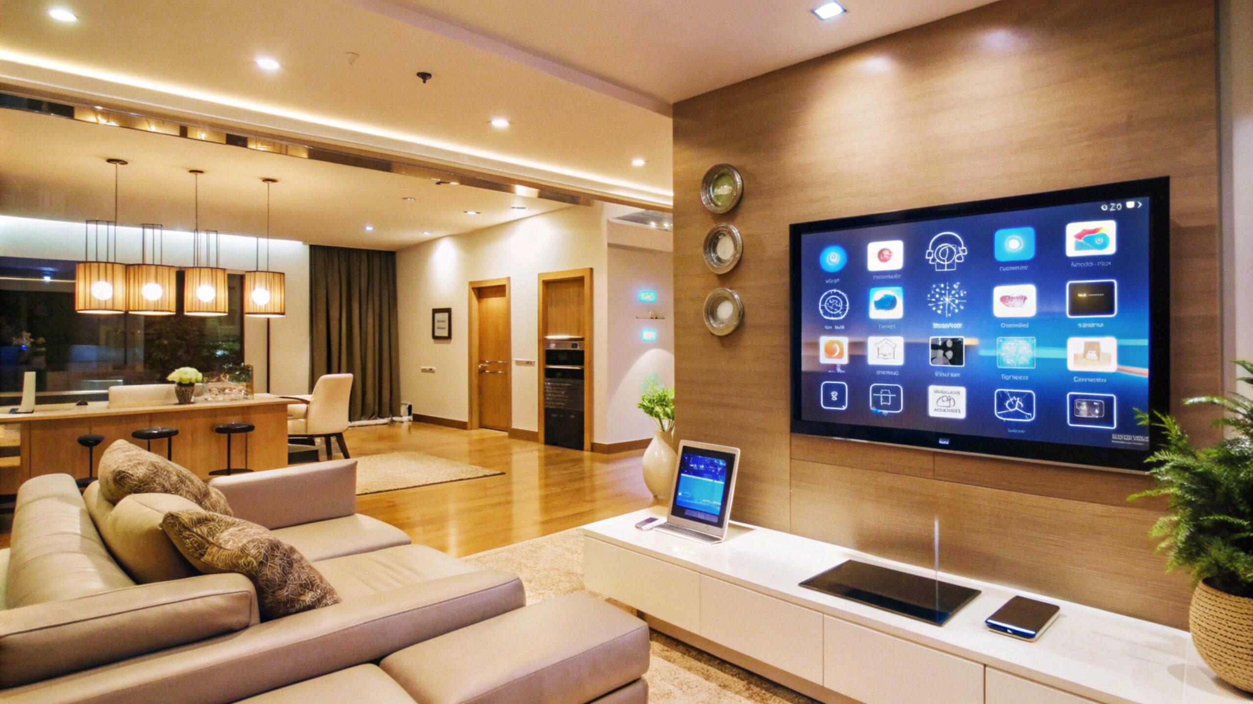 modern living room interior with large tv screen displaying home automation system scaled